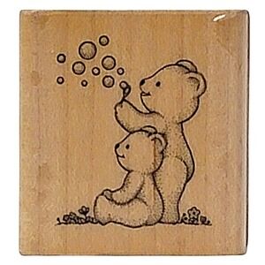 VTG 80s Hero Arts Bubble Bears Rubber Stamp B375 1988‎ Wood Mounted 1.25"x1.5"